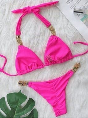 Callie Bling: Multi-colored Crystal Rhinestone Hot Pink Bikini